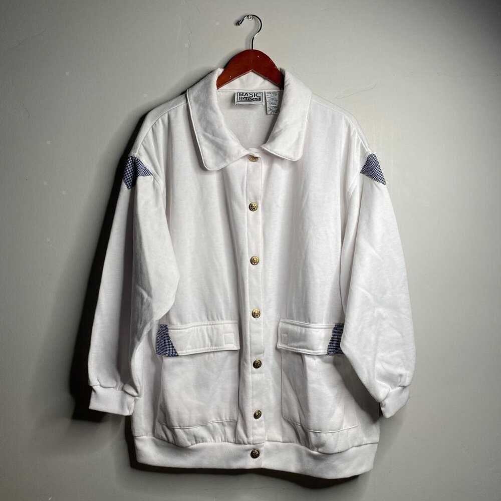 90's Vintage white with navy accents full button up collard sweater size XL